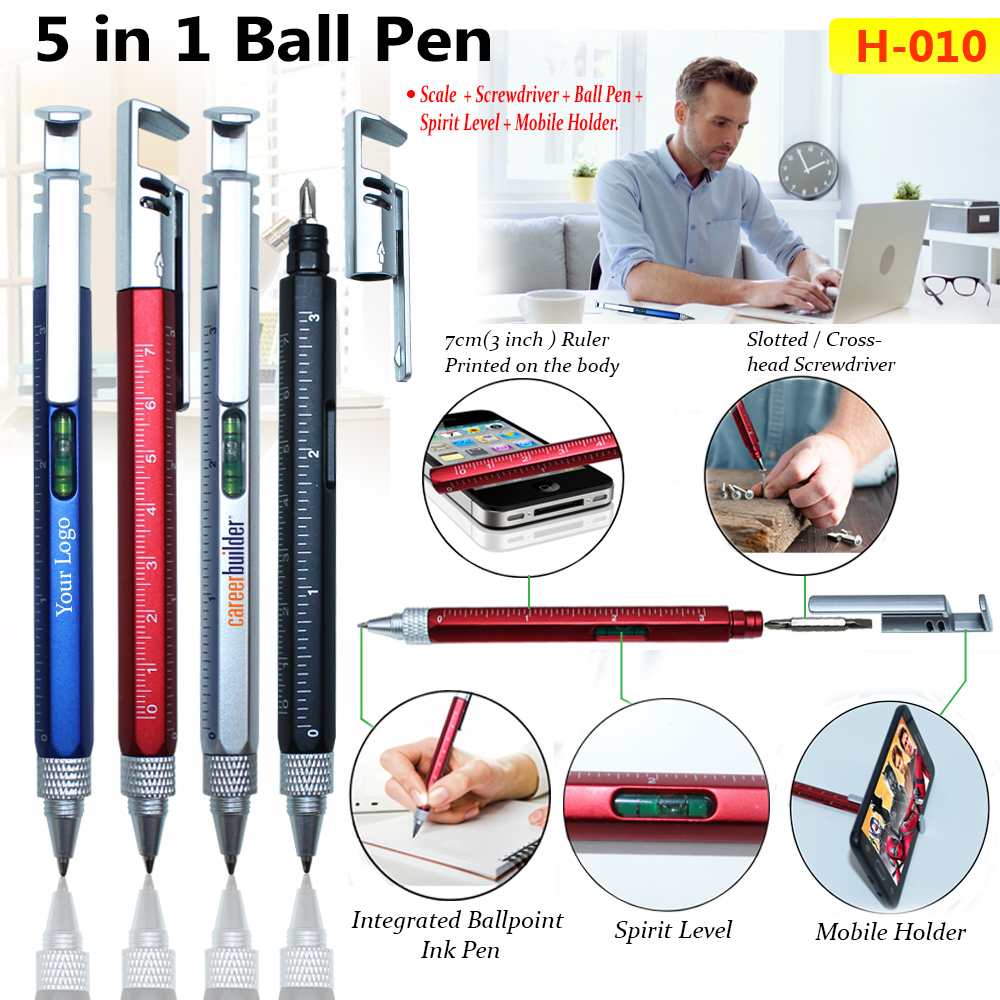 H010 5 in 1 Multi Tool Ball Pen with Ruler, Screwdriver & Mobile Holder for Corporate Gifting