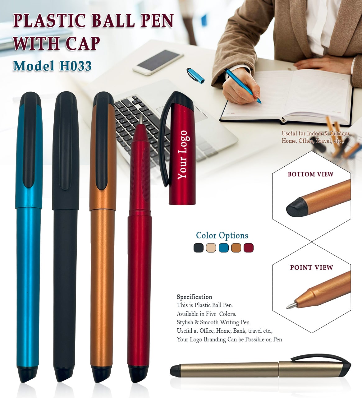 H033 Premium Plastic Ball Pen with Cap for Corporate Gifting & Promotional Branding