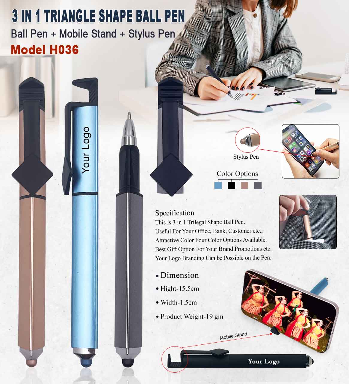 H036 3-in-1 Triangle Shape Ball Pen with Stylus & Mobile Stand for Corporate Gifting
