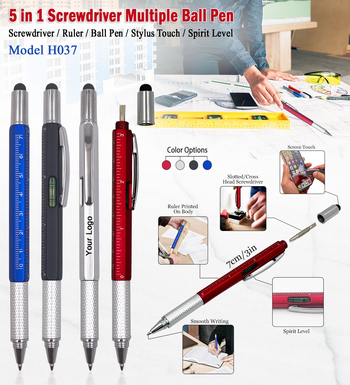 H037 5-in-1 Multi-Function Tool Ball Pen for Corporate Gifting & Promotional Branding