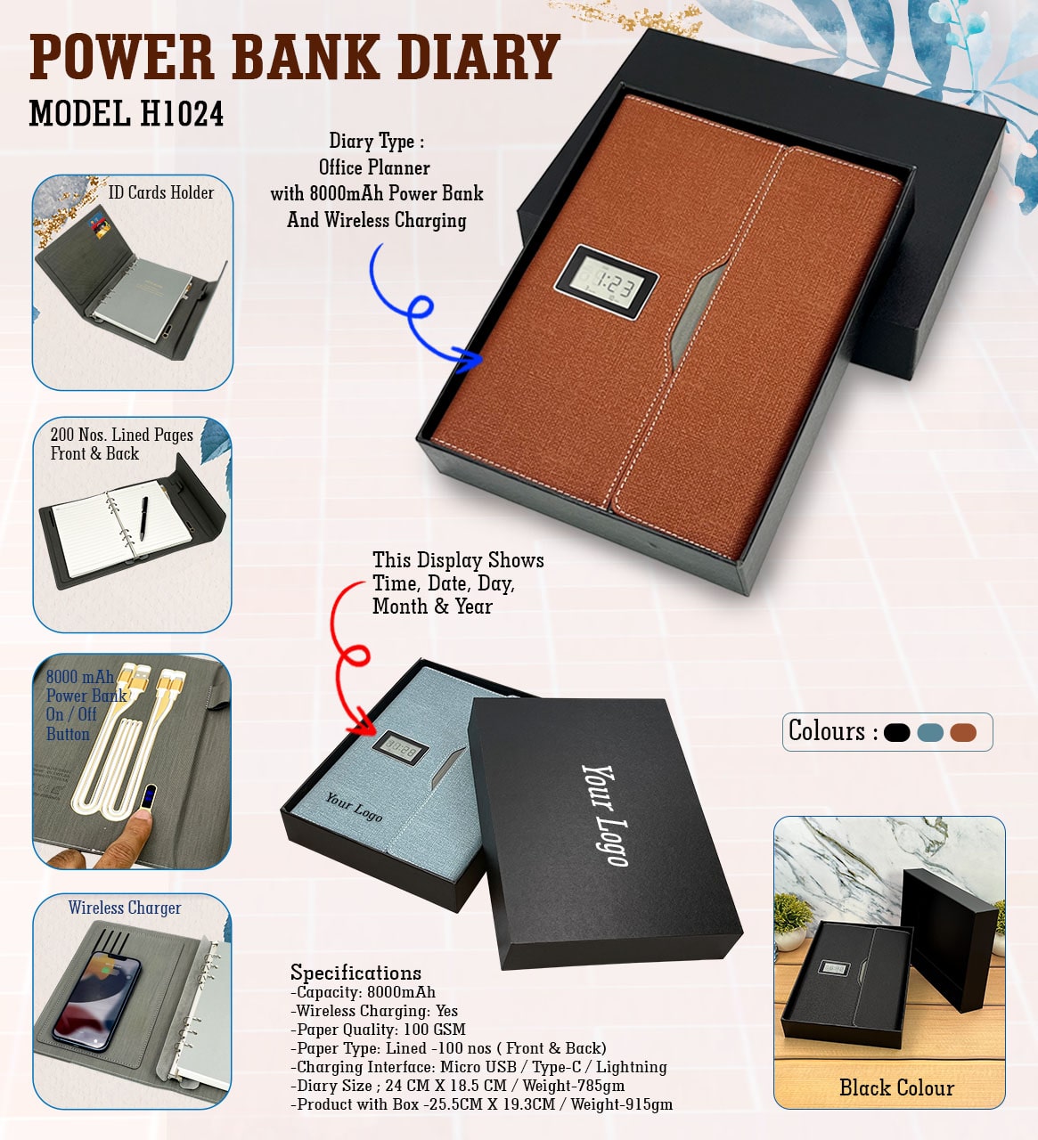 H1024 Premium Power Bank Diary with Wireless Charging for Corporate Gifting