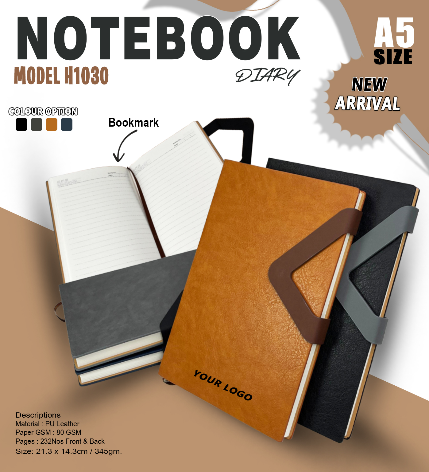 A5 PU Leather Magnetic Flap Notebook Diary with Bookmark