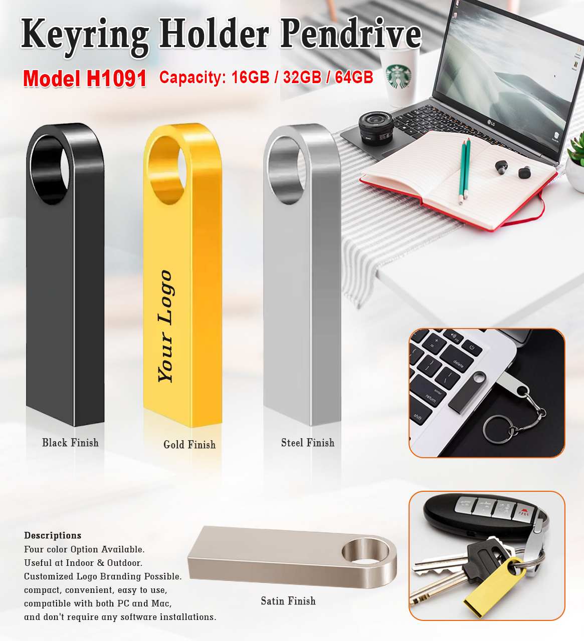 Pendrive With Keyring Holder - Gold