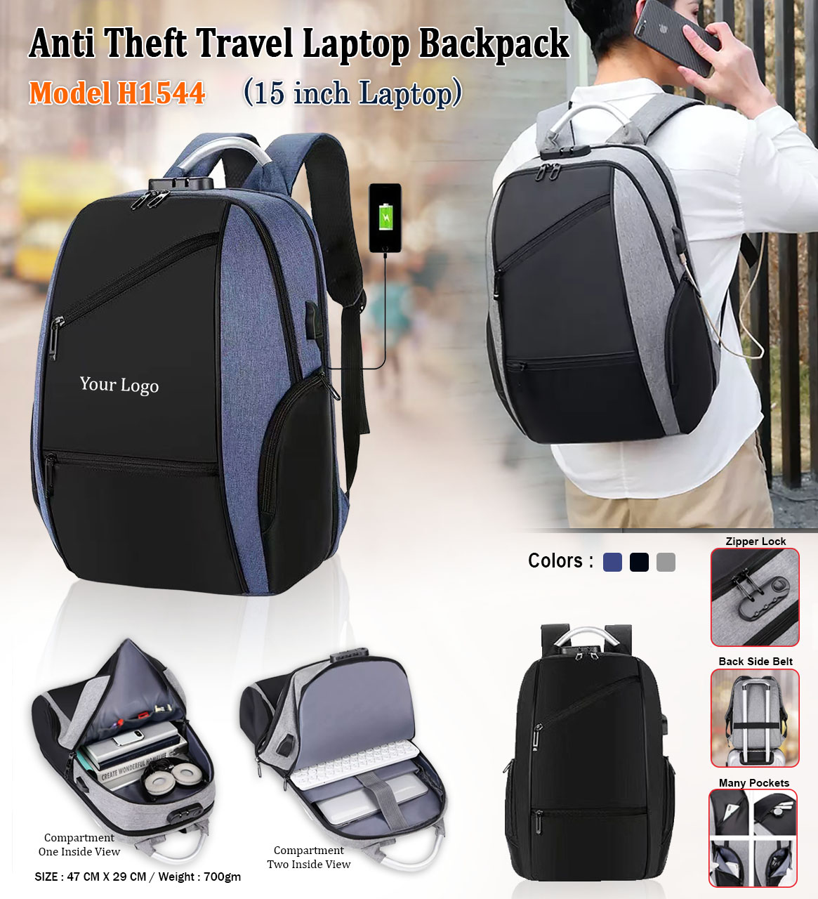 H1544 Anti-Theft Laptop Backpack with USB Charging Port for Corporate Gifting & Executive Travel
