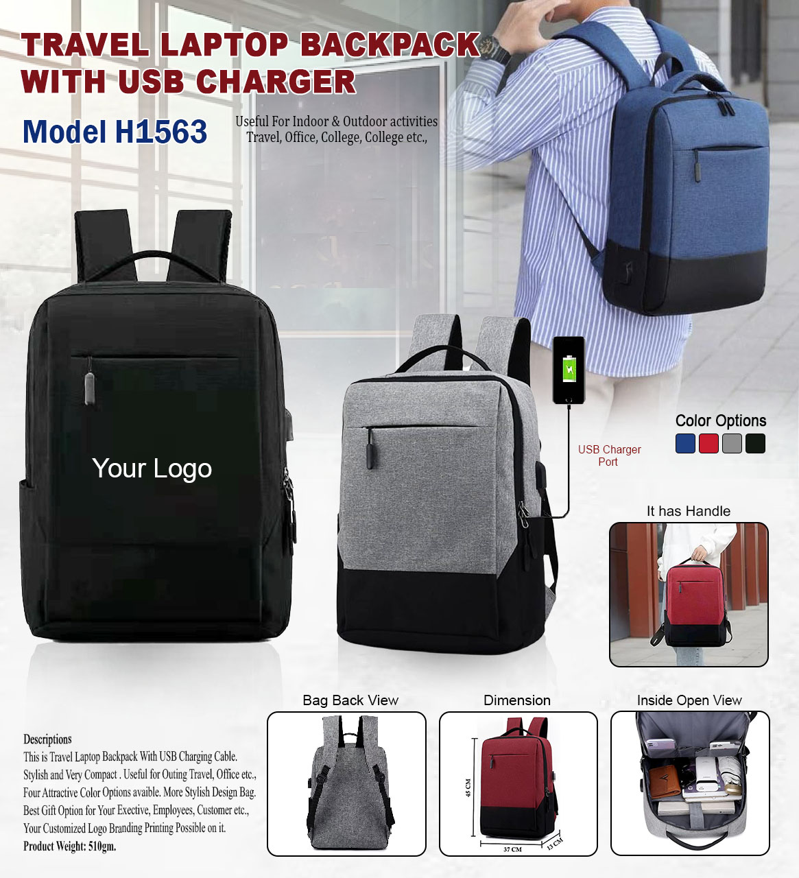 H1563 Travel Laptop Backpack with USB Charging Port for Corporate Gifting & Executive Travel