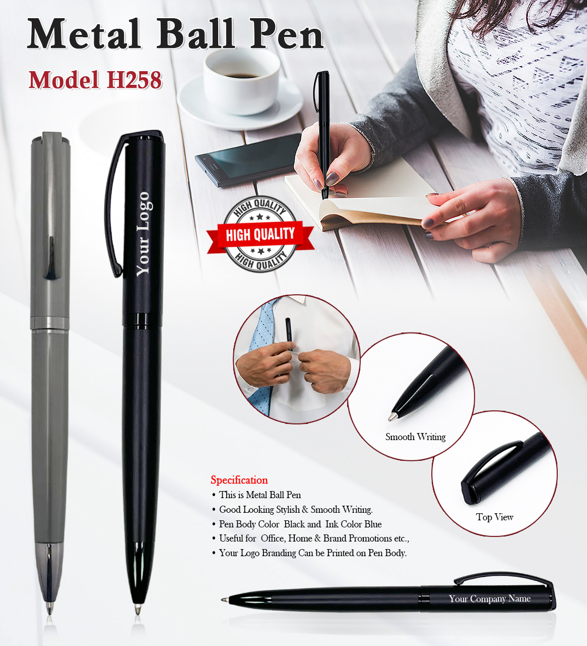 H258 Premium Metal Ball Pen with Custom Logo Branding | Executive Corporate Gift Pen