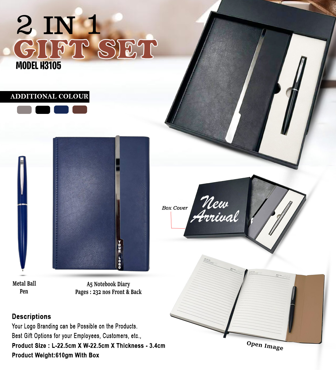 H3105 Premium 2-in-1 Corporate Gift Set – A5 Notebook Diary & Metal Ball Pen Gift Box