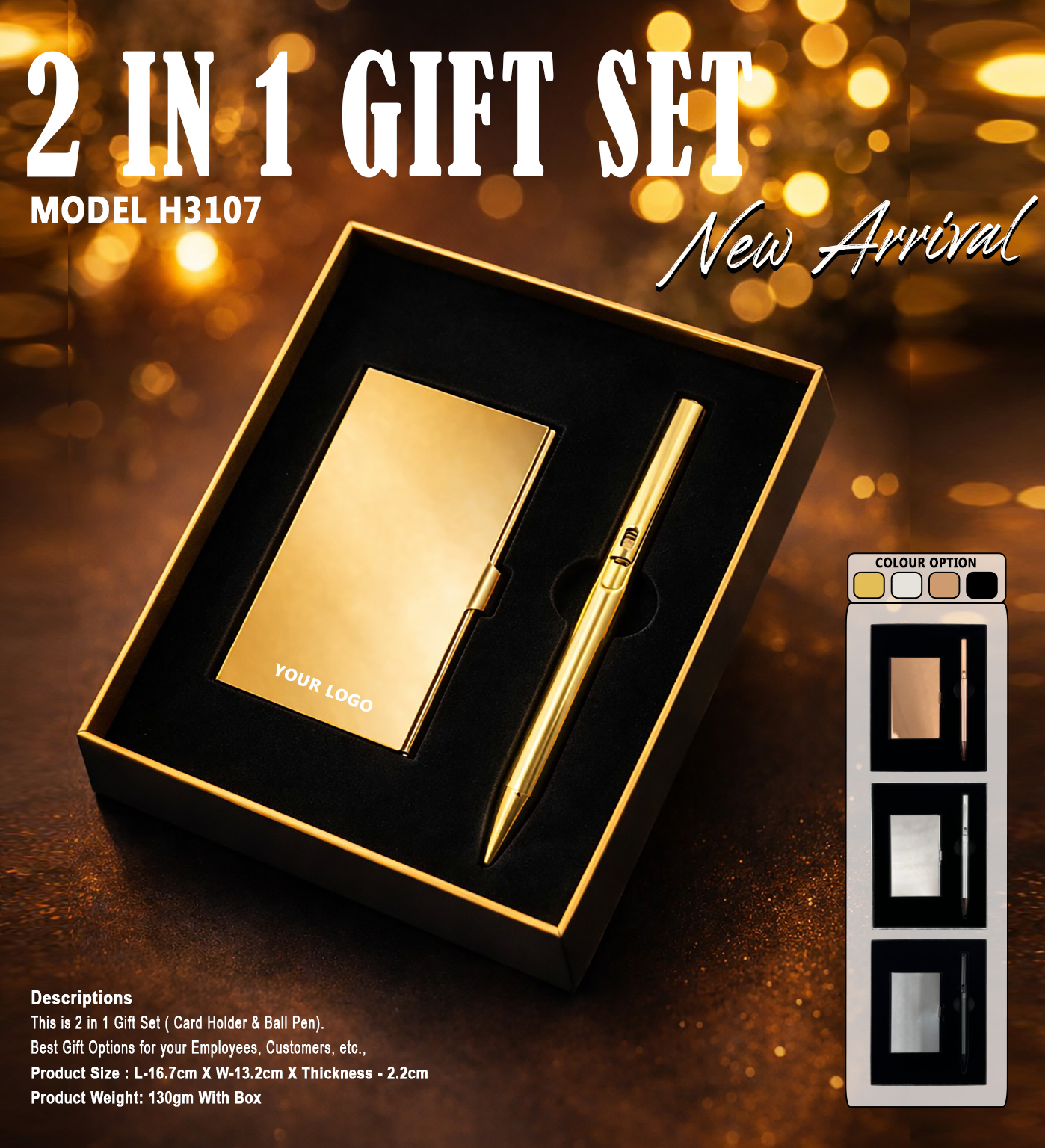 H3107 Premium Metal Card Holder & Executive Pen Gift Set – 2 in 1 Corporate Gift Set (Black & Gold)