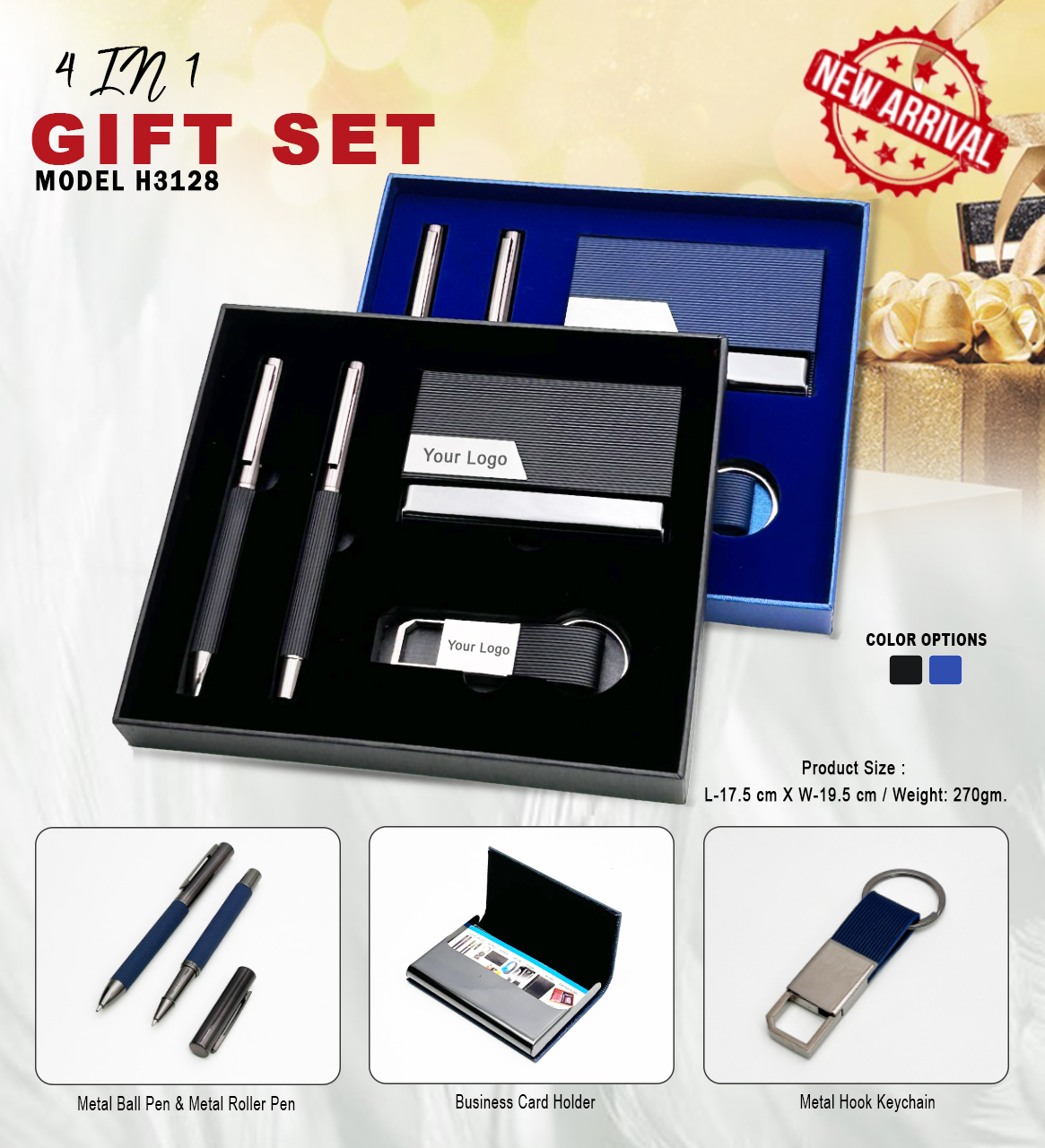 H3128 Premium 4-in-1 Executive Gift Set with Metal Pens, Business Card Holder & Keychain