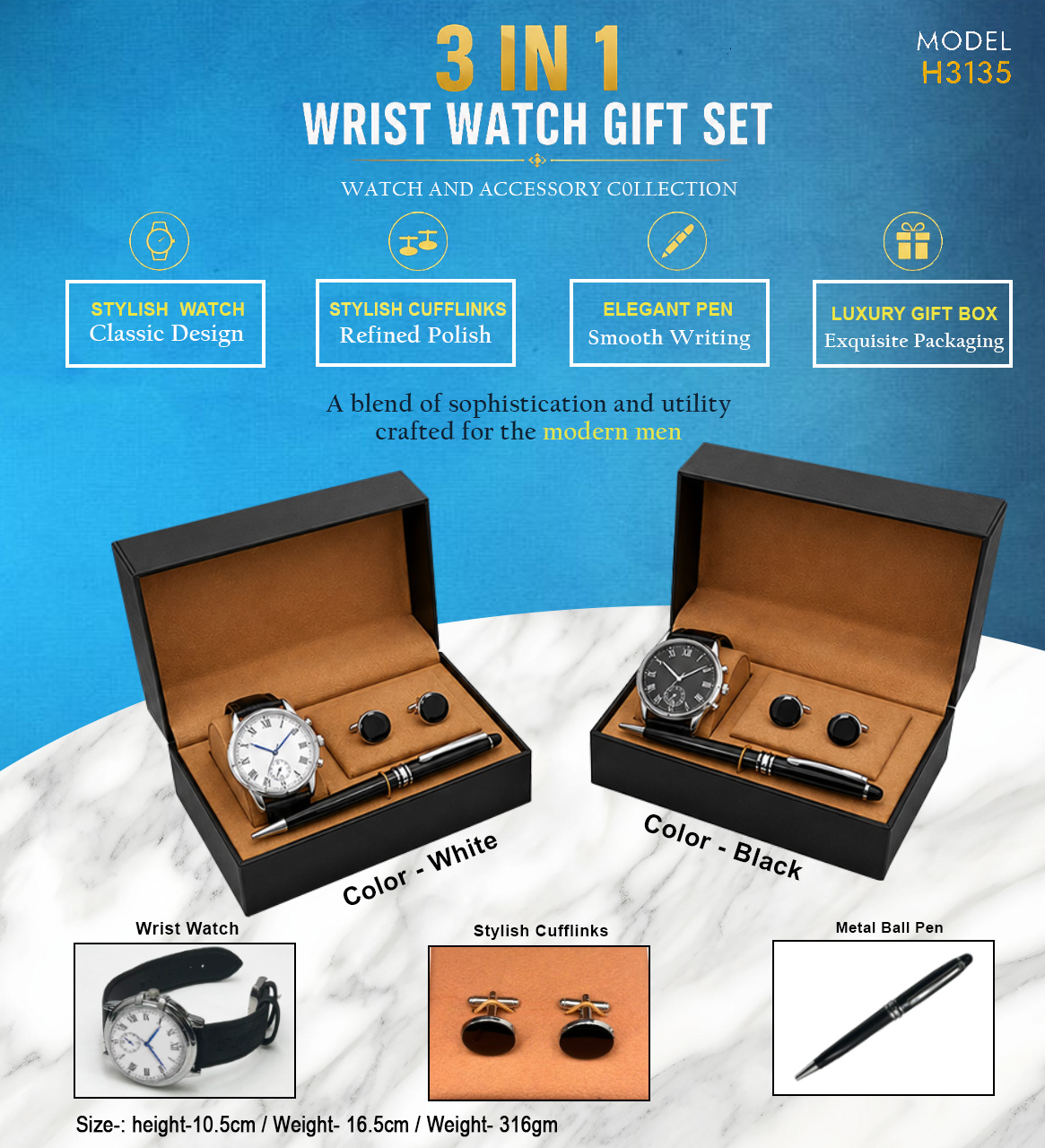 H3135 Premium 3-in-1 Wrist Watch Gift Set with Metal Pen & Cufflinks for Corporate Gifting