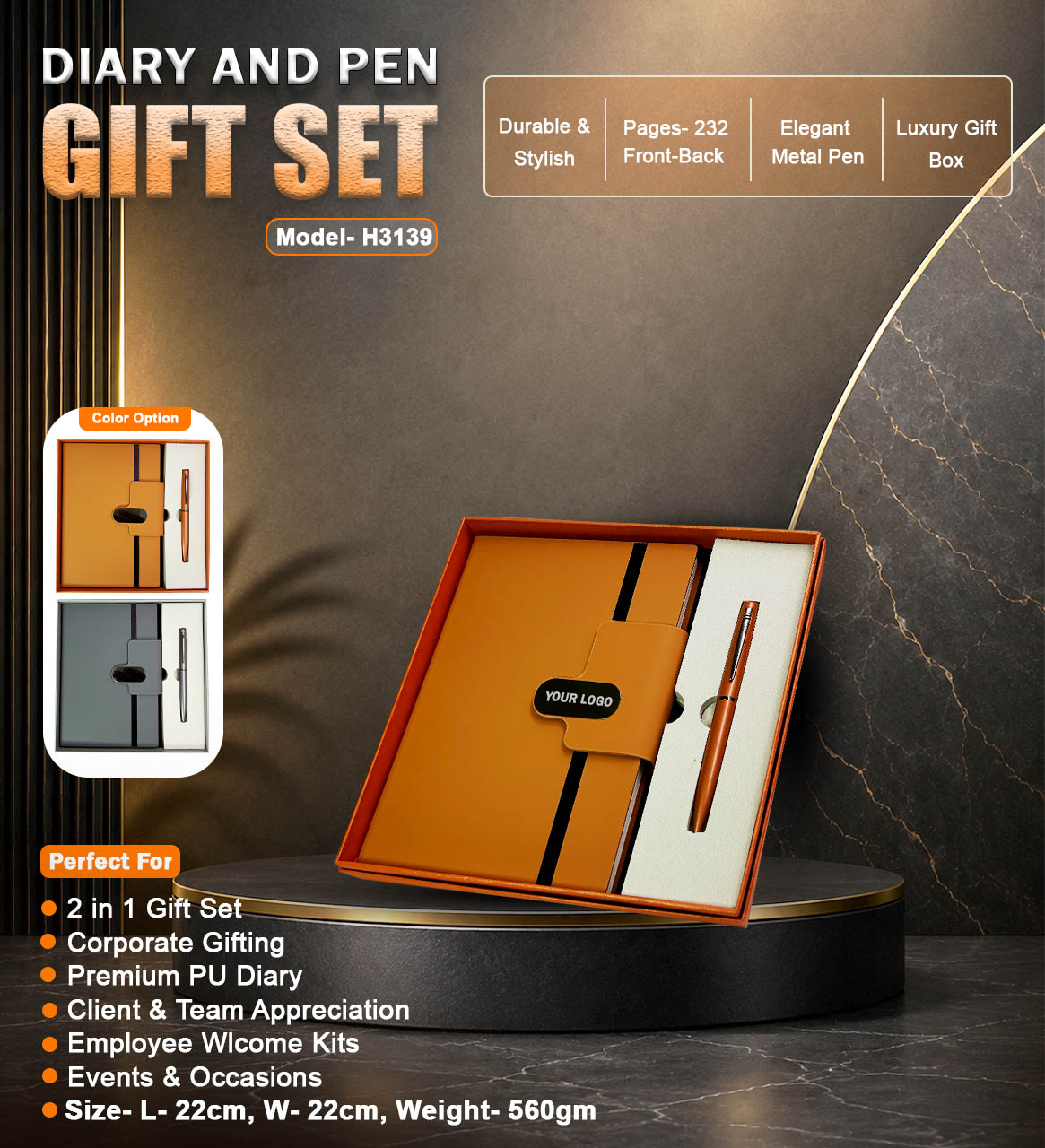 H3139 Premium PU Leather Diary & Metal Pen Gift Set for Corporate Gifting