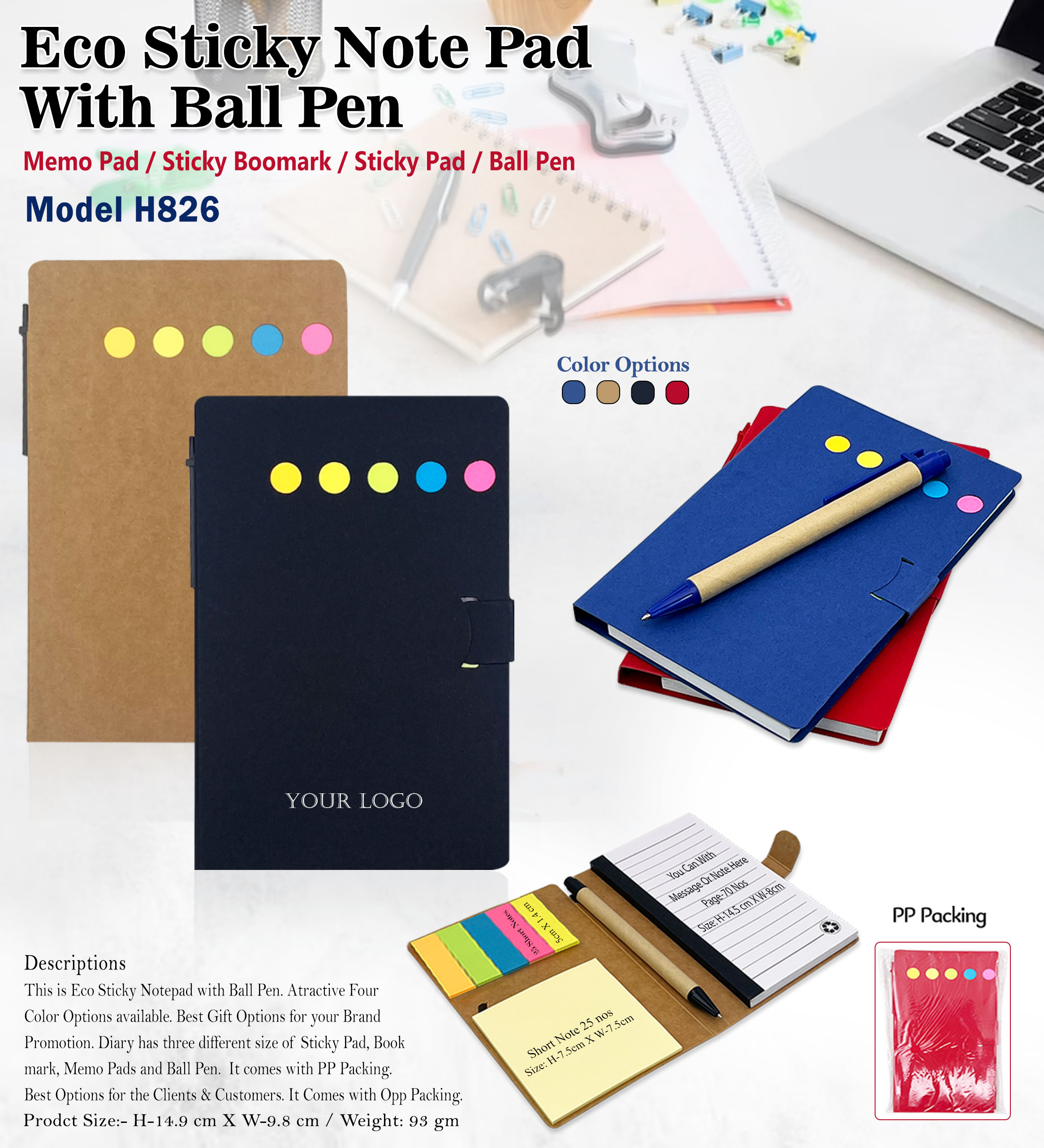 H826 Eco Sticky Memo Pad with Ball Pen