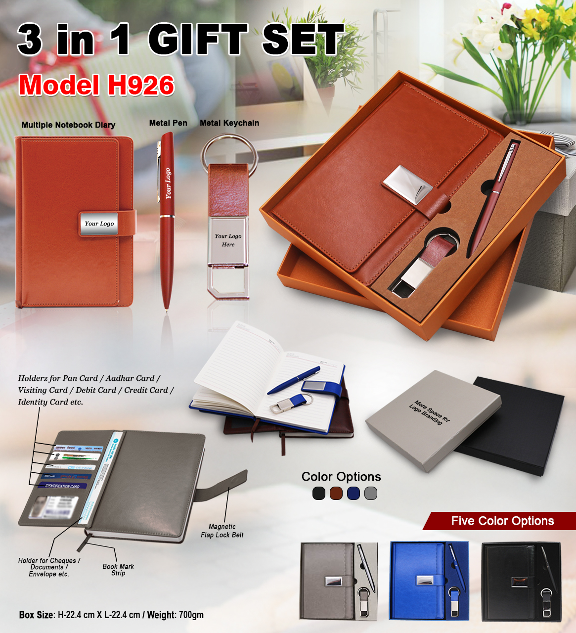 H926 Executive 3-in-1 Corporate Gift Set – Notebook Diary, Metal Pen & Keychain Gift Box