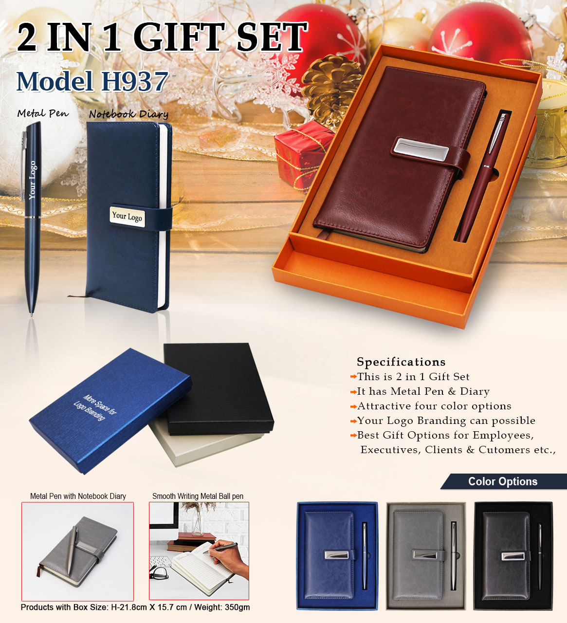 H937 Premium Notebook Diary & Metal Pen Gift Set for Corporate Gifting & Executive Branding