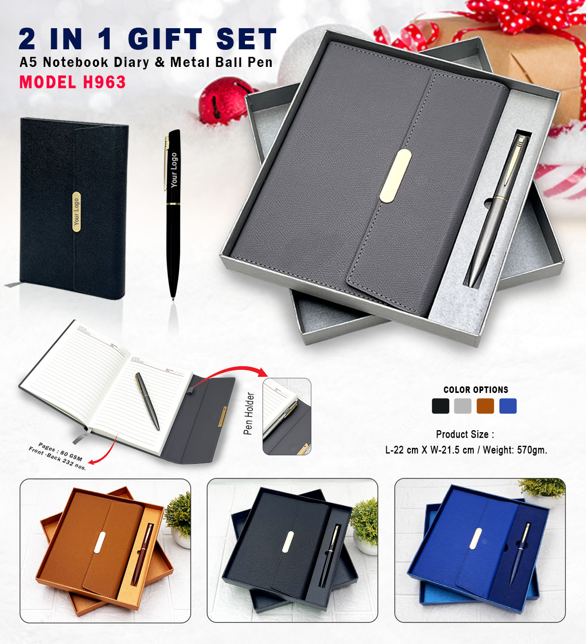 H963 Premium 2-in-1 A5 Notebook Diary & Metal Ball Pen Gift Set for Corporate Gifting