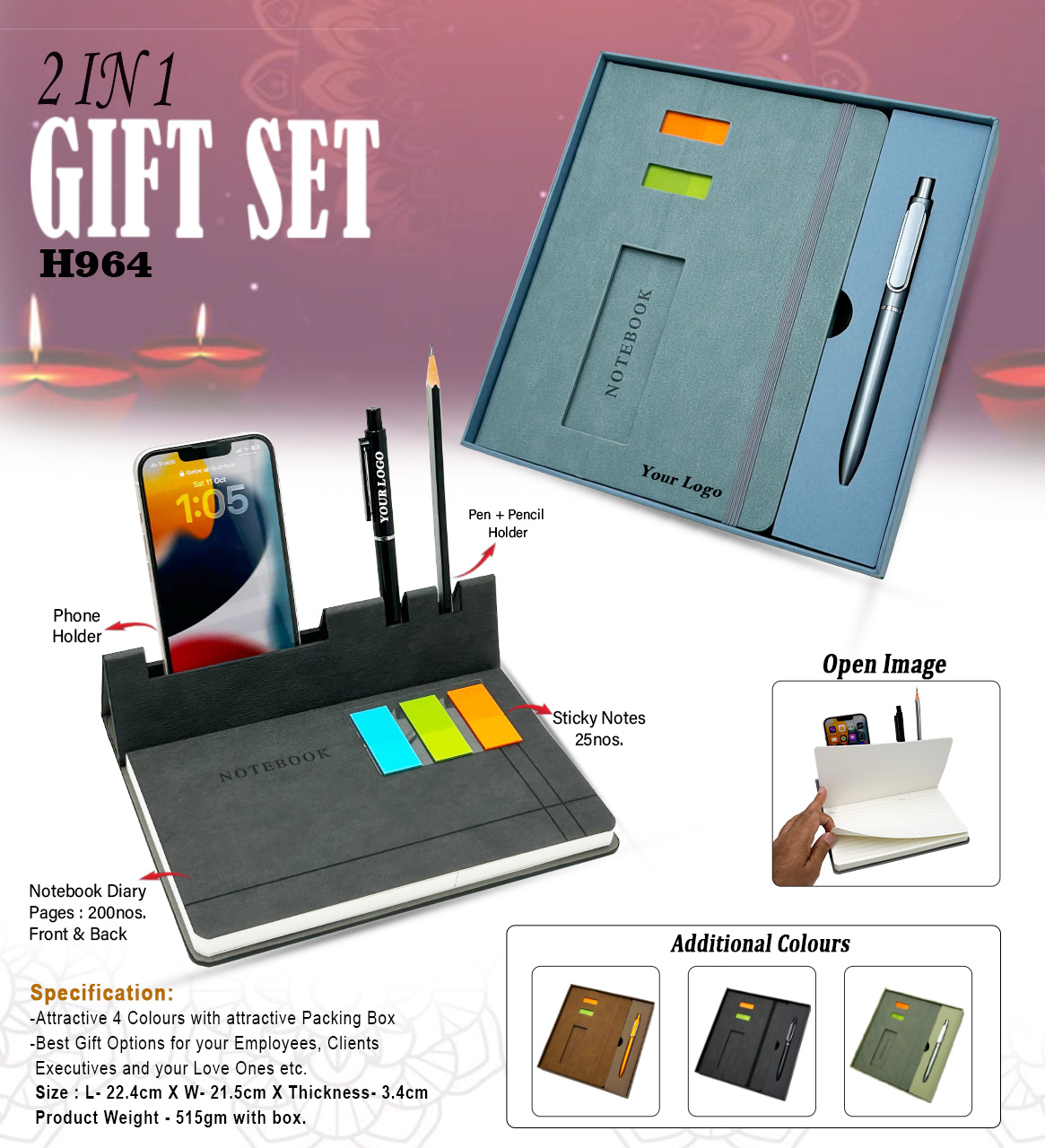H964 Executive 2-in-1 Notebook & Pen Gift Set with Phone Holder and Sticky Notes
