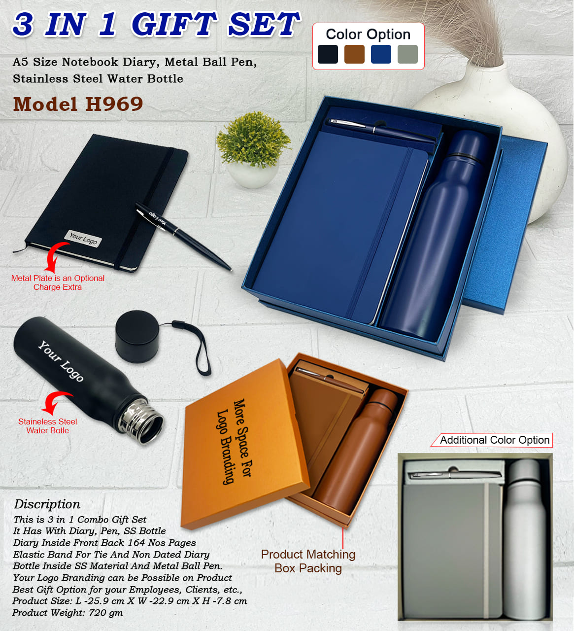 3 in 1 Premium Gift Set – A5 PU Leather Diary, Metal Ball Pen & Stainless Steel Water Bottle