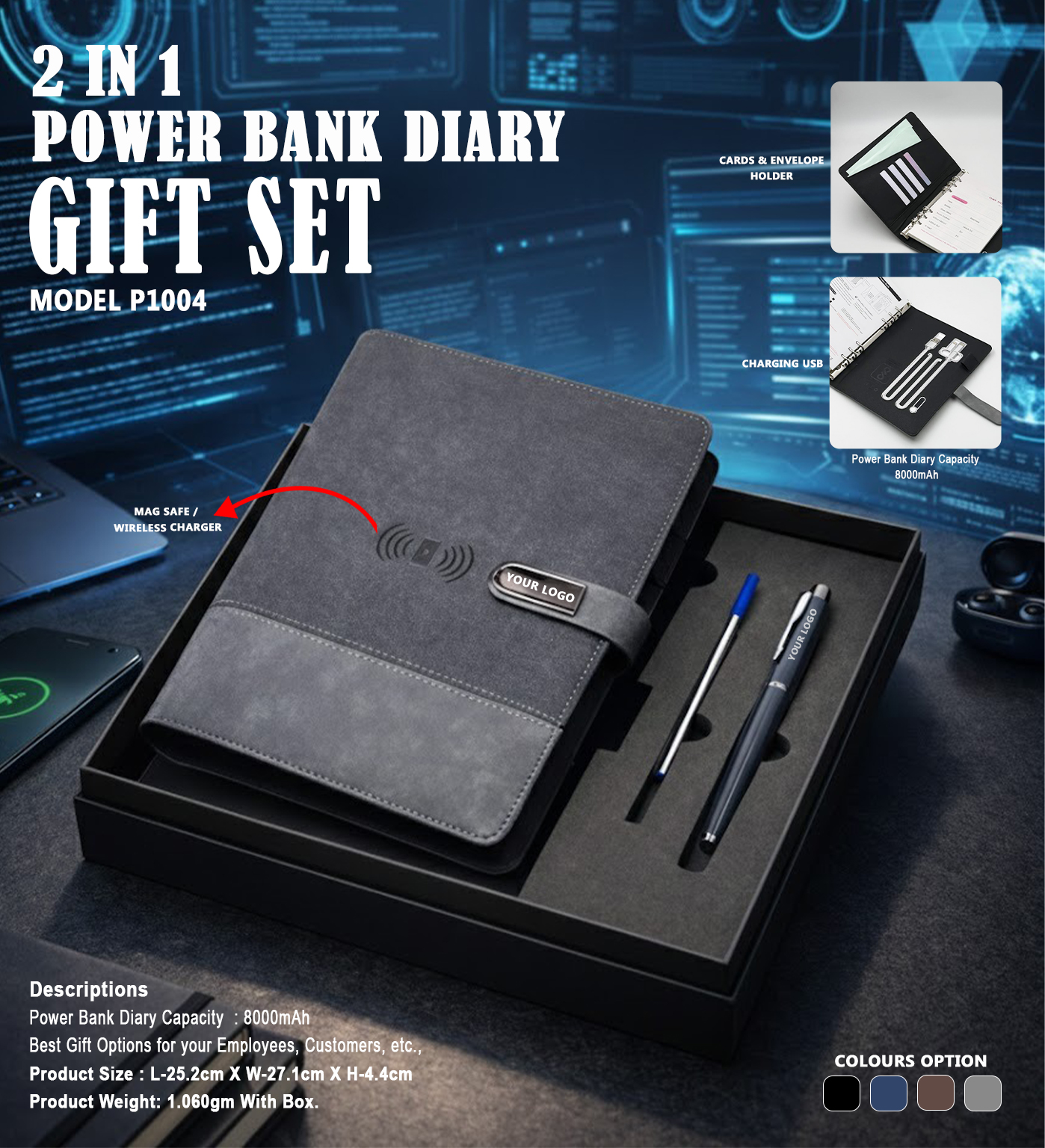 P1004 3-in-1 Smart Power Bank Diary Gift Set with Wireless Charger for Corporate Gifting
